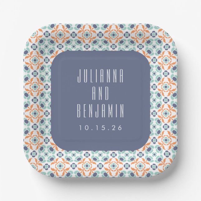 Vintag geometrische Tiles Motif Blue Wedding Custo Pappteller (Vorderseite)