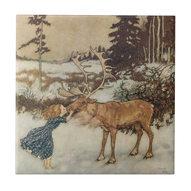 Vintag Gerda und Reindeer von Edmund Dulac Fliese (Vorderseite)
