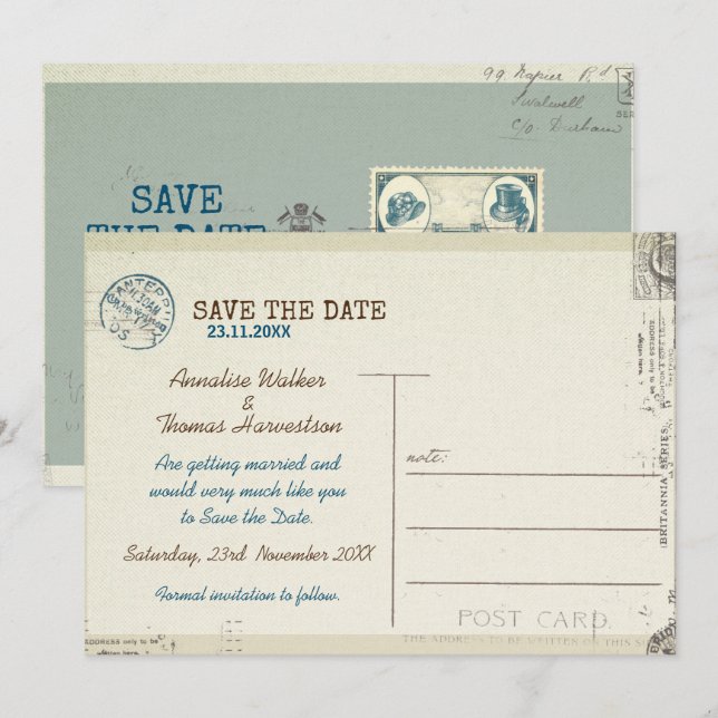 Vintag gestempelte Postkarte Hochzeit Speichern Si (Vorne/Hinten)