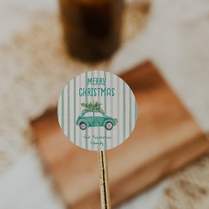 Vintag Gezeichnet Quirky Car Tree Frohe Weihnachte Runder Aufkleber