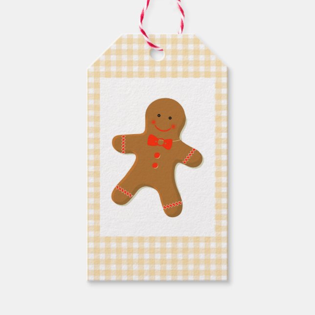 Vintag Gingerbread Man on Tan Gingham Geschenkanhänger (Vorderseite)