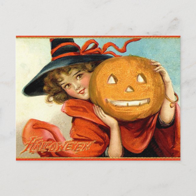 Vintag Girl Hexenkürbis Halloween Postcard Postkarte (Vorderseite)