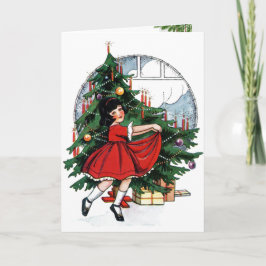 Vintag Girl Zuhause Weihnachtsbaum Morning Feiertagskarte