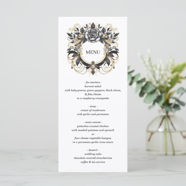 Vintag Glam Floral Wedding Menükarte (Stehend Vorderseite)