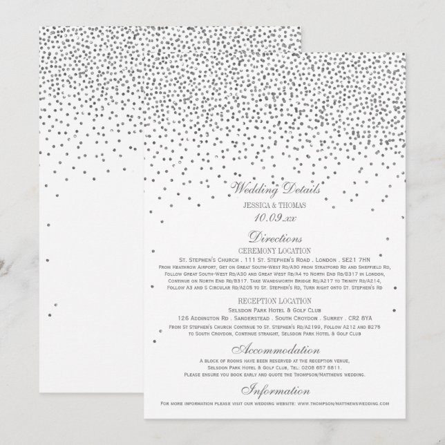 Vintag Glam Silver Confetti Wedding Detail Cards Einladung (Vorne/Hinten)