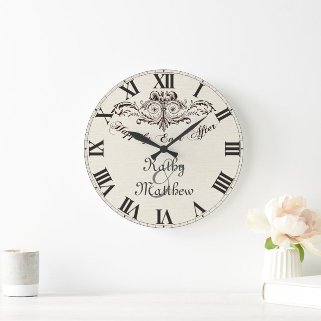 Vintag glücklich je nach Personalisierter Hochzeit Große Wanduhr (Zuhause)