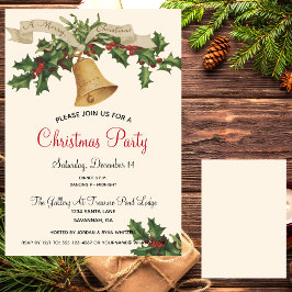Vintag Gold Bell Merry Xmas Ribbon Dinner Party Einladung