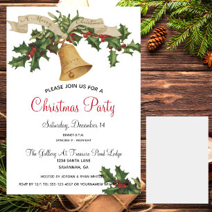 Vintag Gold Bell Merry Xmas Ribbon Dinner Party I Einladung
