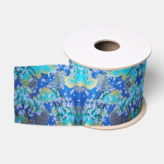 Vintag Gold Blue Japanisch Kimono Blume Ripsband (Spule)