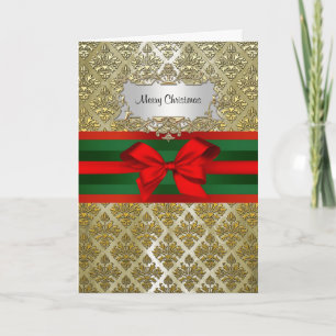 Vintag Gold Champagne Damask Red Green Ribbbn Xmas Feiertagskarte