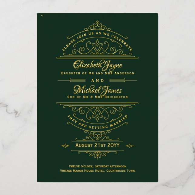 Vintag GOLD FOIL Regency Green Verziert Wedding Folieneinladung (Vorderseite)