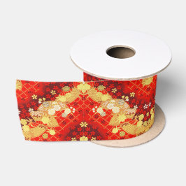 Vintag Gold Red Japanisch Kimono Blume Satinband