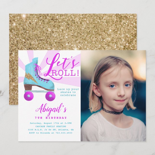 Vintag Gold Roller Skaten Birthday Party Foto Einladung (Vorne/Hinten)