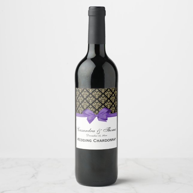 Vintag-Gold-SchwarzDamaskus-Amethyst Lila Weinetikett (Vorderseite)