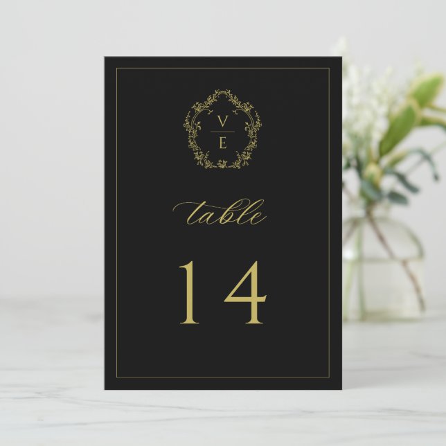 Vintag Gold Wappen Black Wedding Tischnummer (Stehend Vorderseite)