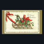 Vintag Golden Christmas Rechteckiger Aufkleber<br><div class="desc">Ein schöner goldener Weihnachtsschlitten ist mit heiligen Beeren und hellen roten Streifen dekoriert. Gruß: Frohe Weihnachten. Bild einer Weihnachtspostkarte von Ellen M. Clapsaddle auf einem individuellen goldenen Hintergrund.</div>