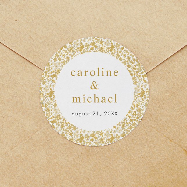 Vintag Golden Ditzy Floral Wedding Runder Aufkleber (Vintage Golden Ditzy Floral Wedding Classic Round Sticker)