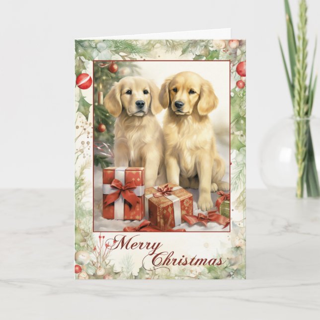 Vintag Golden Retriever Feiertagskarte (Vorderseite)