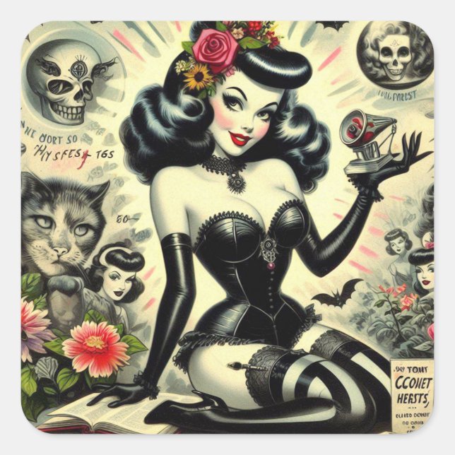 Vintag Goth Girl Illustration Quadratischer Aufkleber (Vorderseite)