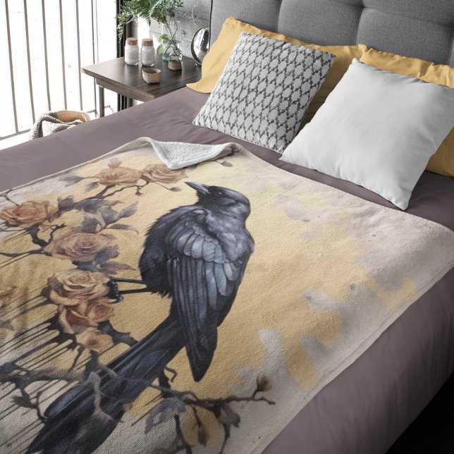 Vintag Goth Raven Gold Rose Aquarell Fleecedecke (Von Creator hochgeladen)