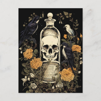 Vintag Goth Skeleton Skull Raven Poison Halloween Postkarte