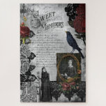 Vintag Gothic Halloween Widow Ephemera<br><div class="desc">Einzigartige und elegant makabre Viktorianische Komposition mit klassischen gotischen Todeselementen wie dunkle rote Rosen,  schwarze Spitzen,  raven,  gotisch schmiedeeisernen Friedhof Gate,  Kronleuchter,  Witwe in Trauerkleid,  "Sweet Erinnerungen" illuminierte Schrift und verzweifeltes gerahmtes Porträt von Emily Dickinson mit Ausschnitt aus einem ihrer Todesgedichte in antiken Schriften auf bedrücktem grauen Hintergrund.</div>