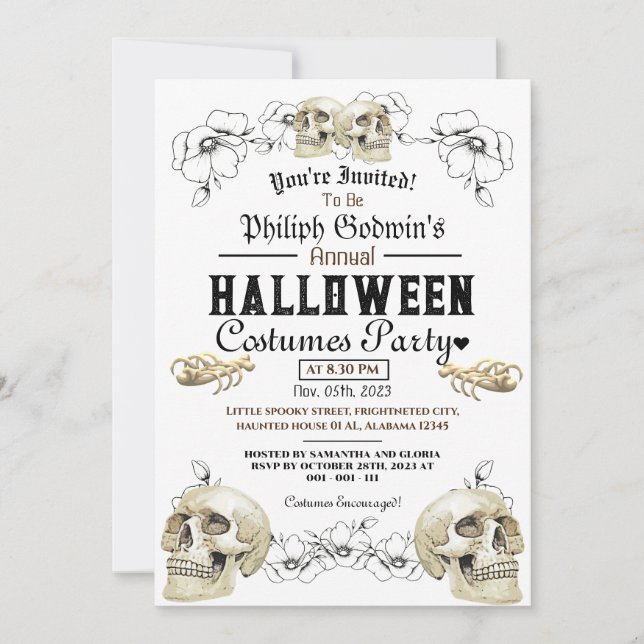 Vintag Gothic Skull Halloween Kostüm Party Inv Einladung (Vorderseite)