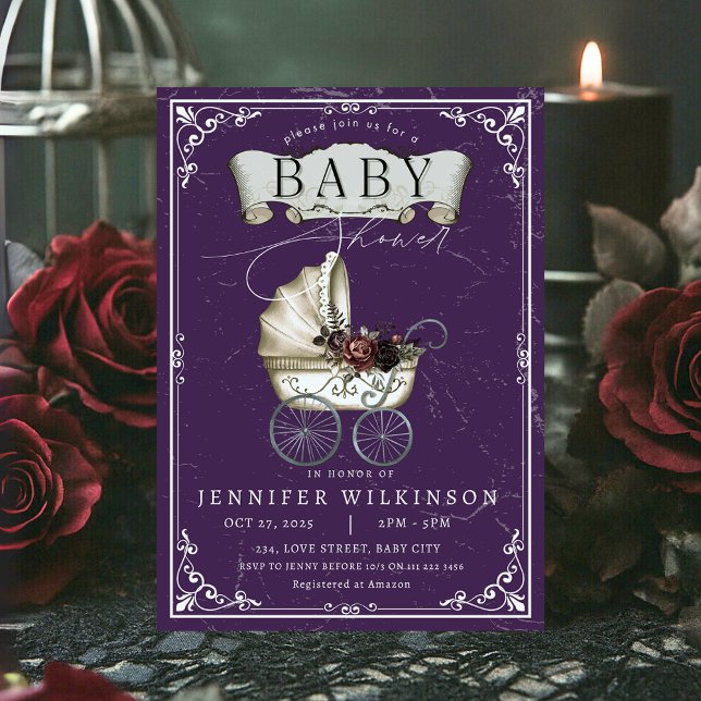 Vintag-gotische Lila Halloween-Kinderdusche Einladung (Vintage Gothic Purple Halloween Baby Shower Invitation)
