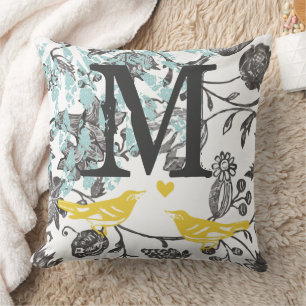 Vintag-Graugelbe Lovebird-Bläsermonogramm Kissen