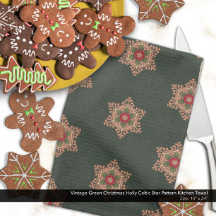 Vintag Green Christmas Holly Celtic Star Pattern Geschirrtuch