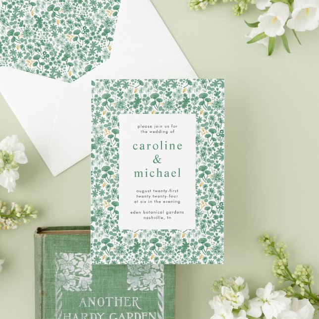 Vintag Green Ditzy Floral Wedding Einladung (Green ditsy floral garden wedding invitation.)