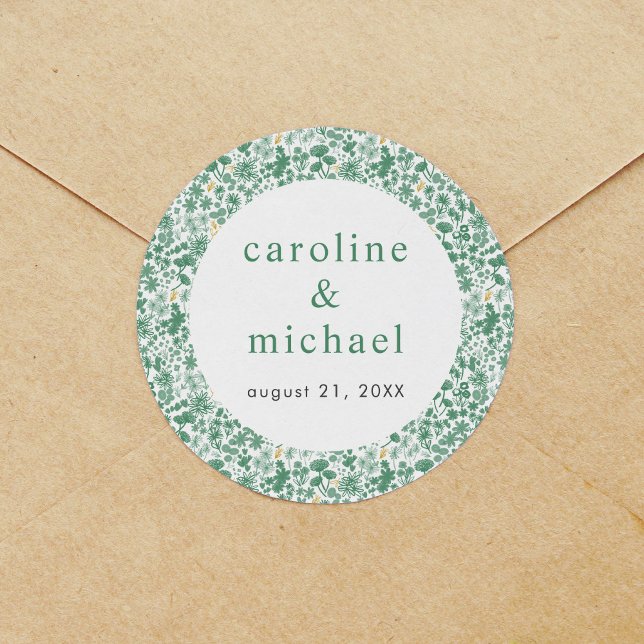 Vintag Green Ditzy Floral Wedding Runder Aufkleber (Vintage Green Ditzy Floral Wedding Classic Round Sticker)