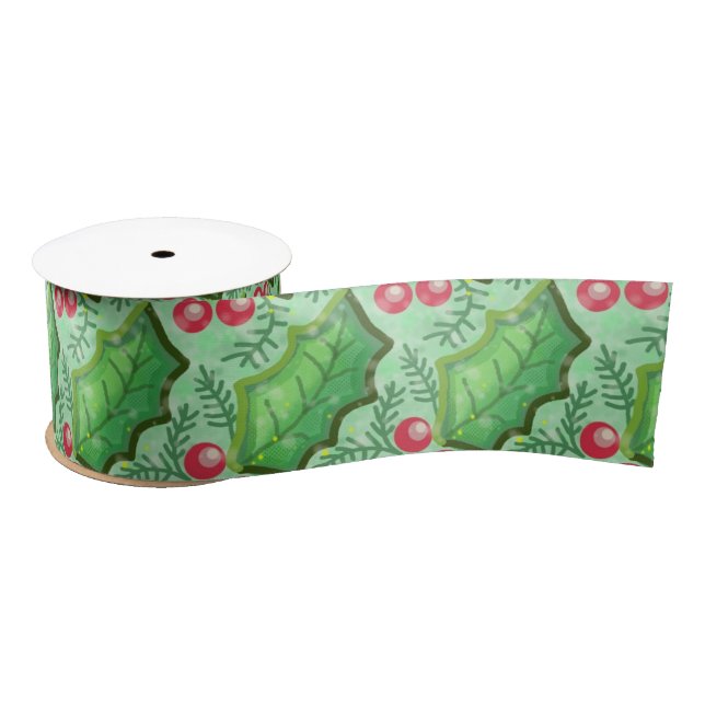 Vintag Green Red Holly Leaf Satinband (Spule)