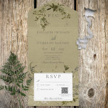Vintag Greenery Monogram QR Code All In One Einladung<br><div class="desc">MIT ODER OHNE QR CODE VERFÜGBAR. Dieses Vintage inspirierte Design zeigt ein Monogramm der Initialen des Paares, umgeben von einem wunderschönen Kranz botanischer Vegetation. Der grüne Hintergrund hat ein altes Aussehen. Ein weiterer Kranz in der Antwortkarte rundet das Design ab. Fügen Sie Ihrer Einladung einen QR-Code hinzu, damit Besucher schnell...</div>