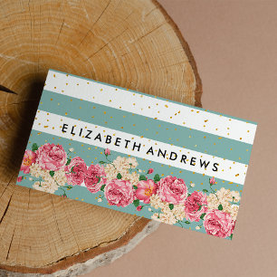 Vintag-grüne Rosen, goldfarbene Konfetti-Streifen Visitenkarte