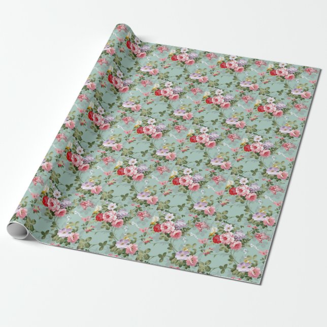 Vintag grünes Blumendesign Geschenkpapier (Ungerollt)