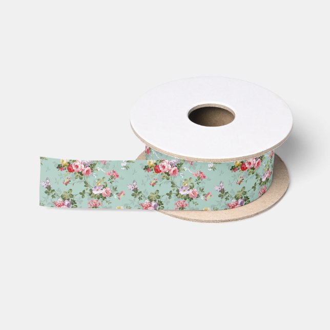 Vintag grünes Blumendesign Satinband (Spule)