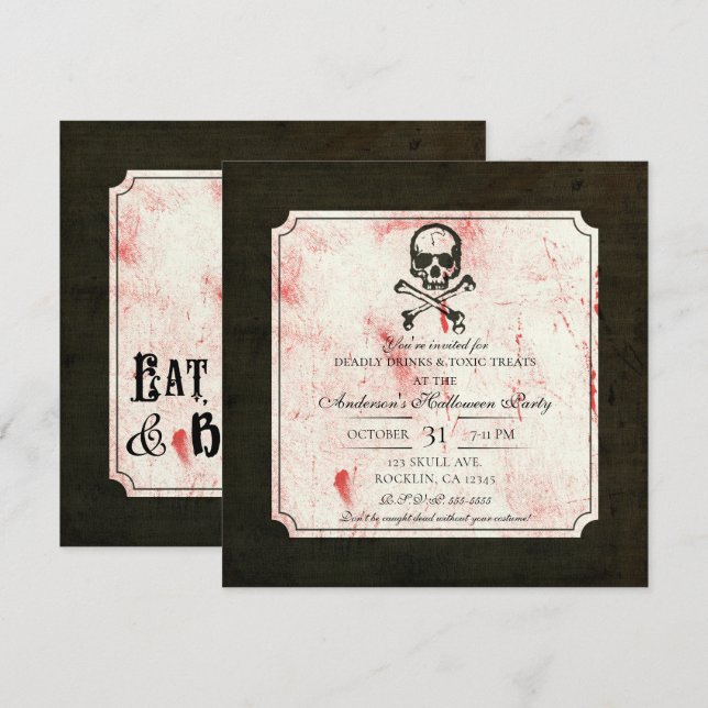 Vintag Grunge Skull Crossbones Bloody Halloween Einladung (Vorne/Hinten)