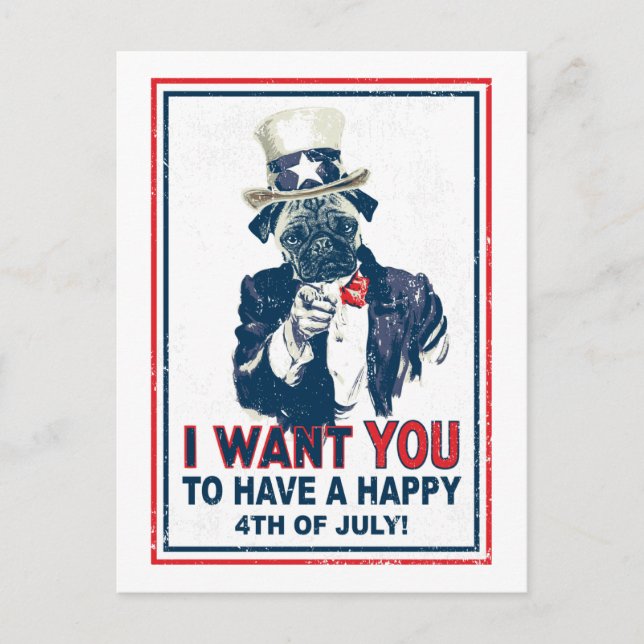 Vintag Grunge Uncle Sam Mops 4. Juli Postkarte (Vorderseite)