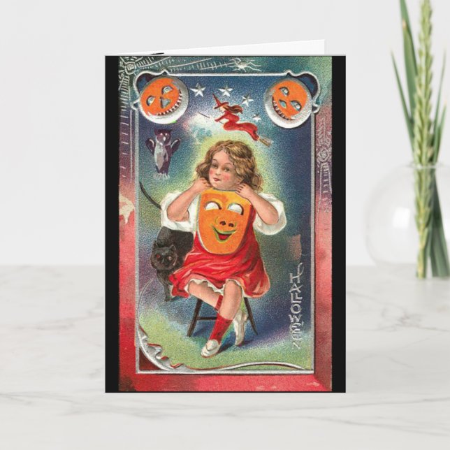 Vintag - Halloween Girl mit Maske Karte (Vorderseite)