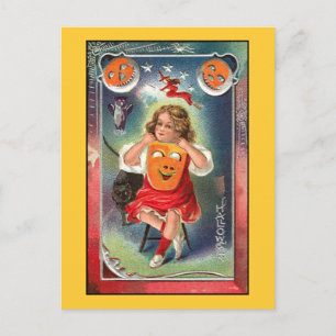 Vintag - Halloween Girl mit Maske Postkarte