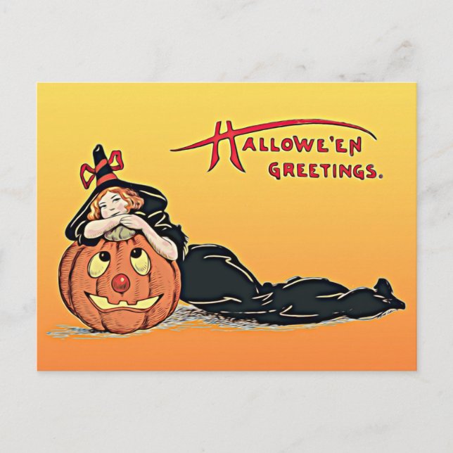 Vintag Halloween Greetings Hexkin Pumpkin Postkarte (Vorderseite)