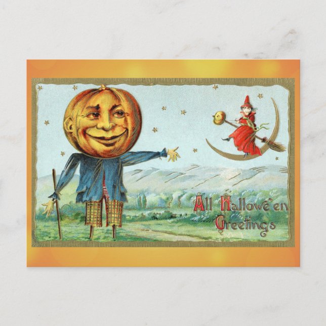 Vintag Halloween Greetings Pumpkin Hexe Postkarte (Vorderseite)