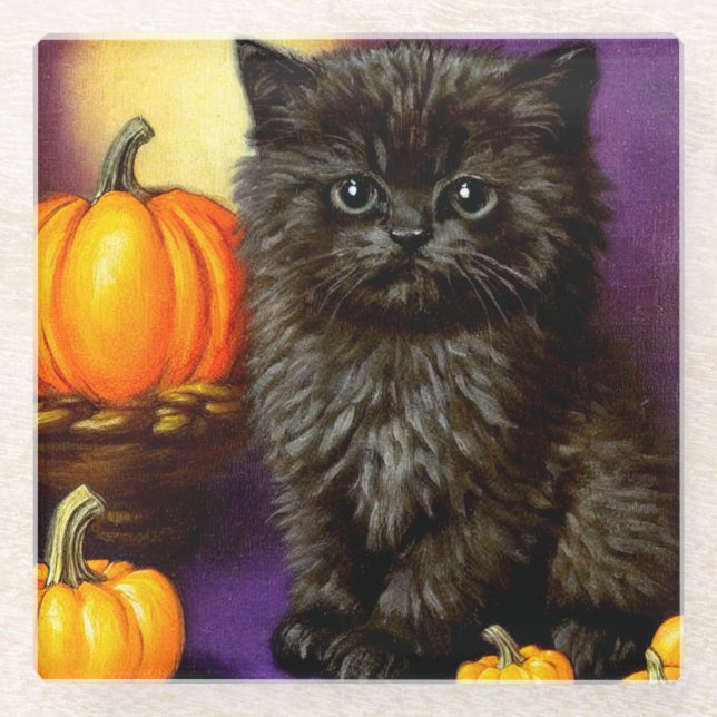 Vintag Halloween Kitten Glasuntersetzer (Vorderseite)
