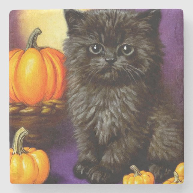 Vintag Halloween Kitten Steinuntersetzer (Vorderseite)
