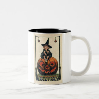 Vintag-Halloween-klein-Mädchen-Hexe-Kürbis-schwarz Zweifarbige Tasse