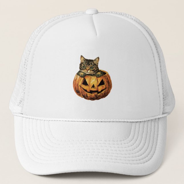 Vintag Halloween Pumpkin Kitty Truckerkappe (Vorderseite)