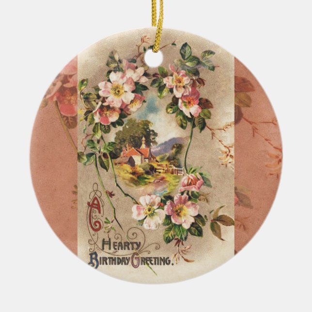 Vintag Happy Birthday Card Artwork Keramikornament (Vorne)