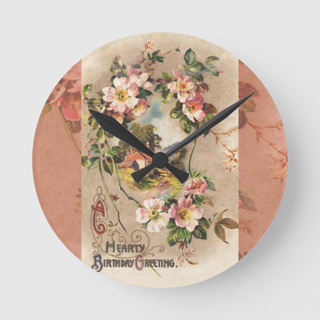 Vintag Happy Birthday Card Artwork Runde Wanduhr (Vorderseite)