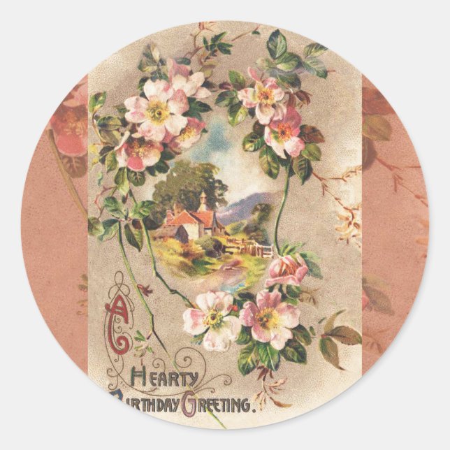 Vintag Happy Birthday Card Artwork Runder Aufkleber (Vorderseite)